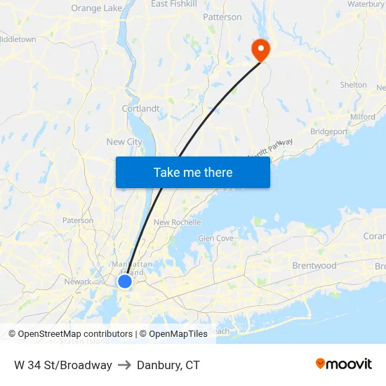 W 34 St/Broadway to Danbury, CT map