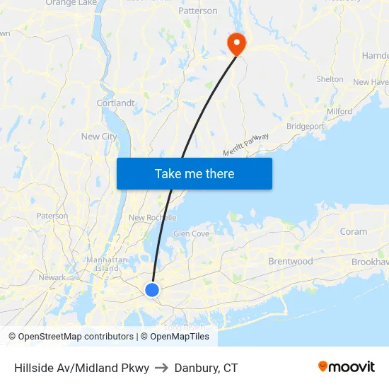 Hillside Av/Midland Pkwy to Danbury, CT map