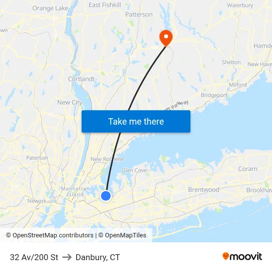 32 Av/200 St to Danbury, CT map