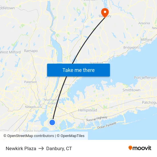 Newkirk Plaza to Danbury, CT map