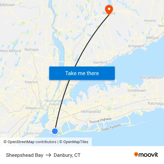 Sheepshead Bay to Danbury, CT map