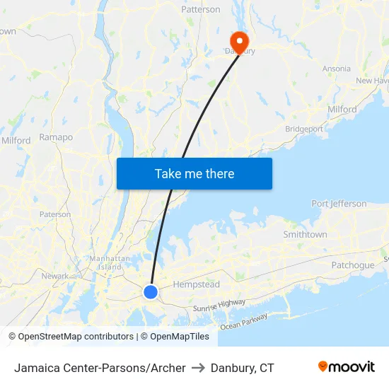 Jamaica Center-Parsons/Archer to Danbury, CT map