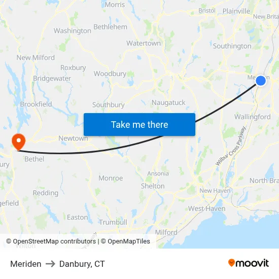 Meriden to Danbury, CT map