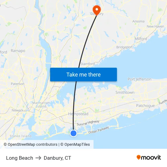 Long Beach to Danbury, CT map