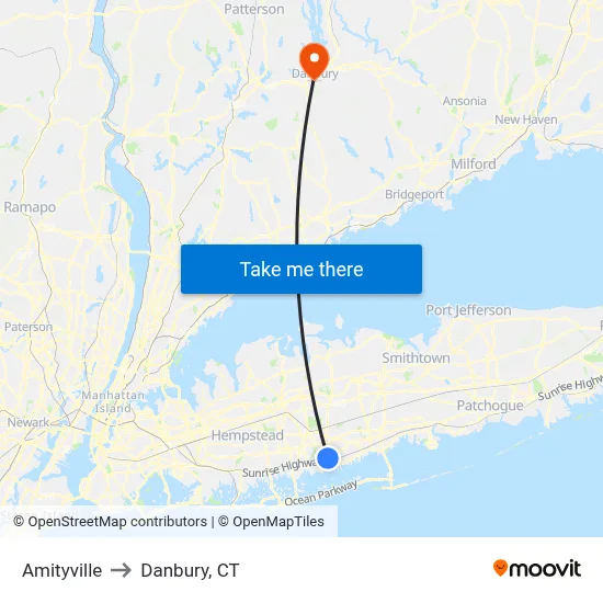 Amityville to Danbury, CT map