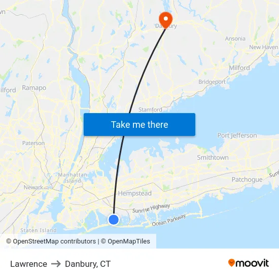 Lawrence to Danbury, CT map