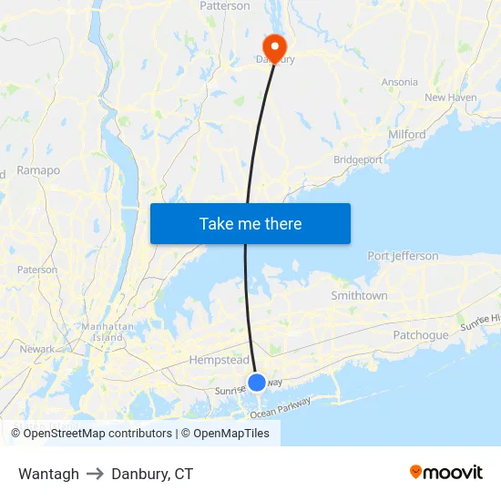 Wantagh to Danbury, CT map