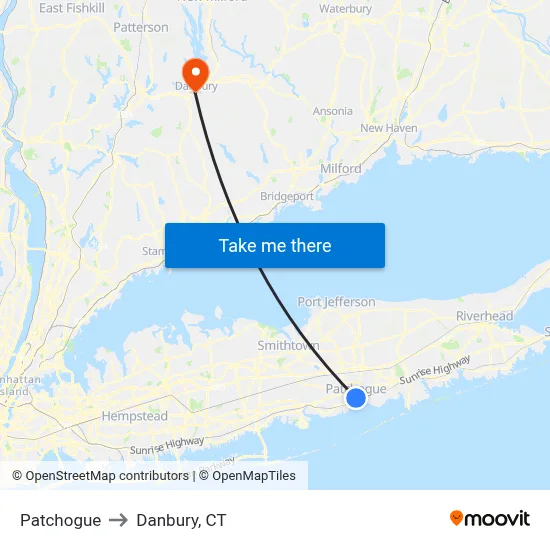 Patchogue to Danbury, CT map
