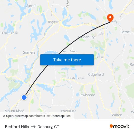 Bedford Hills to Danbury, CT map