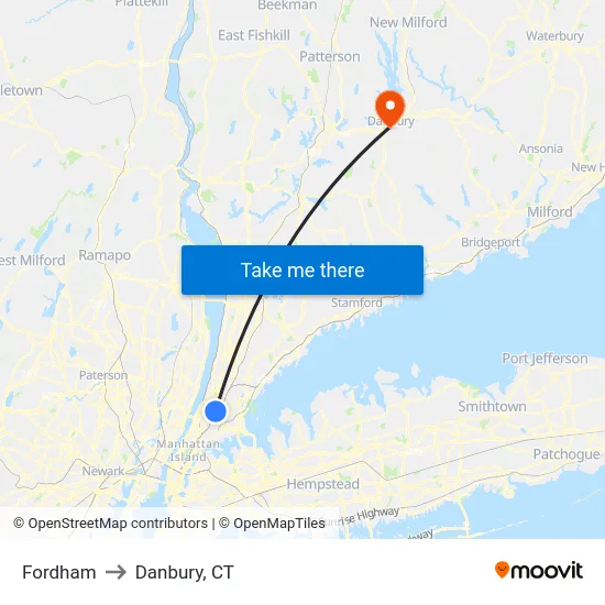Fordham to Danbury, CT map