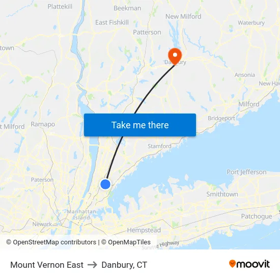 Mount Vernon East to Danbury, CT map