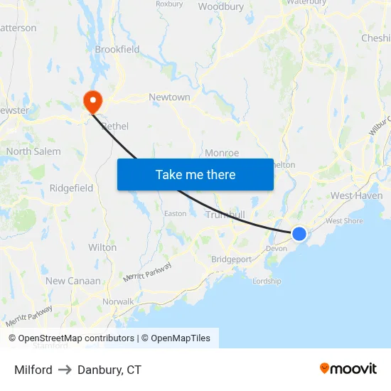 Milford to Danbury, CT map