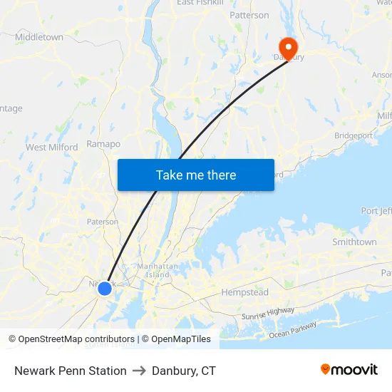 Newark Penn Station to Danbury, CT map