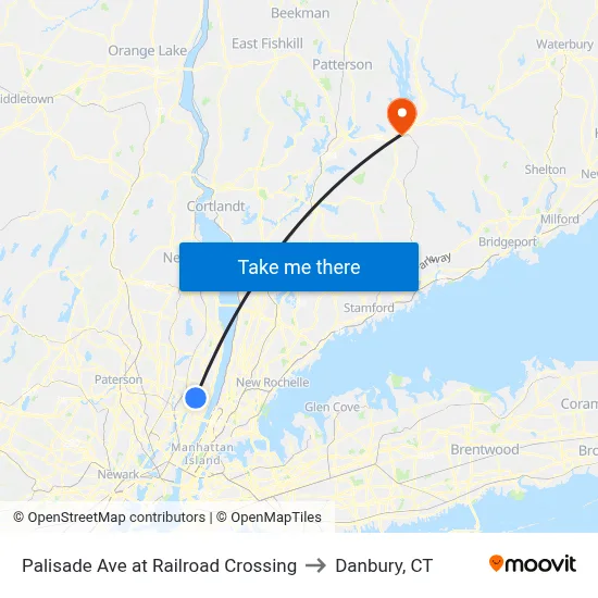 Palisade Ave at Railroad Crossing to Danbury, CT map