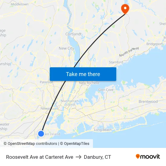 Roosevelt Ave at Carteret Ave to Danbury, CT map