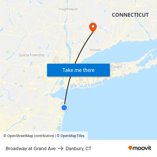 Broadway at Grand Ave to Danbury, CT map