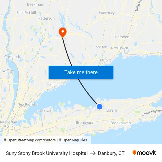 Suny Stony Brook University Hospital to Danbury, CT map