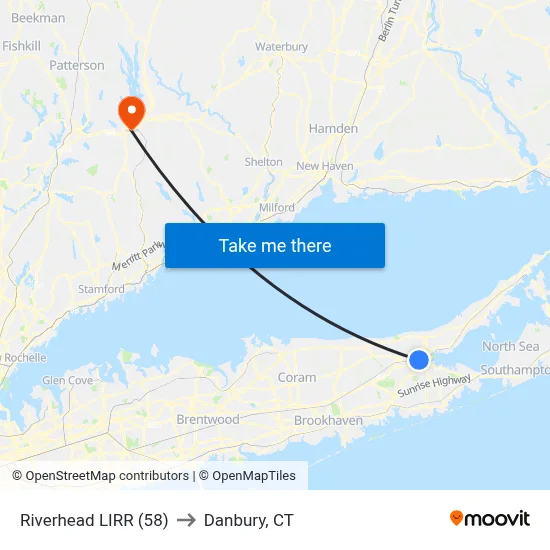 Riverhead LIRR (58) to Danbury, CT map