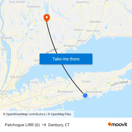 Patchogue LIRR (6) to Danbury, CT map