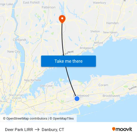 Deer Park LIRR to Danbury, CT map
