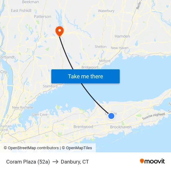 Coram Plaza (52a) to Danbury, CT map