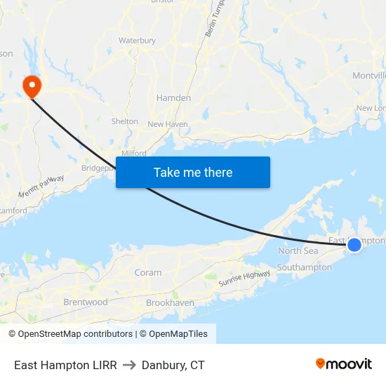 East Hampton LIRR to Danbury, CT map