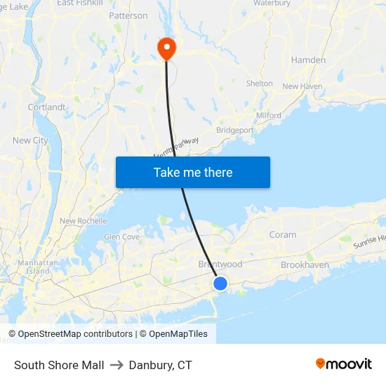 South Shore Mall to Danbury, CT map