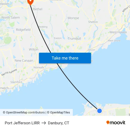 Port Jefferson LIRR to Danbury, CT map