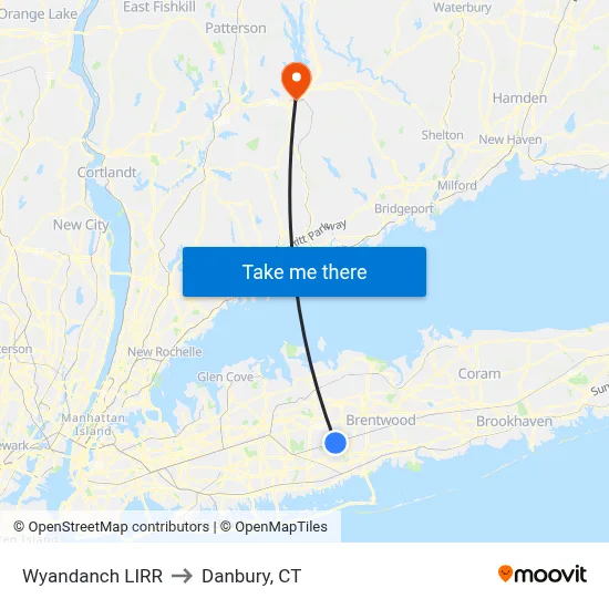 Wyandanch LIRR to Danbury, CT map