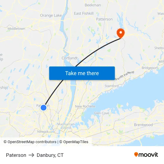 Paterson to Danbury, CT map