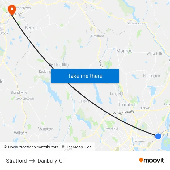 Stratford to Danbury, CT map