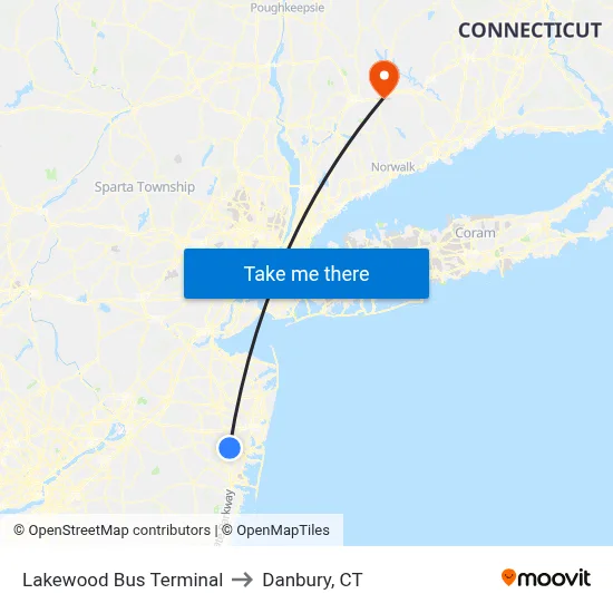 Lakewood Bus Terminal to Danbury, CT map