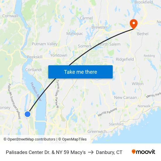 Palisades Center Dr. & NY 59 Macy's to Danbury, CT map