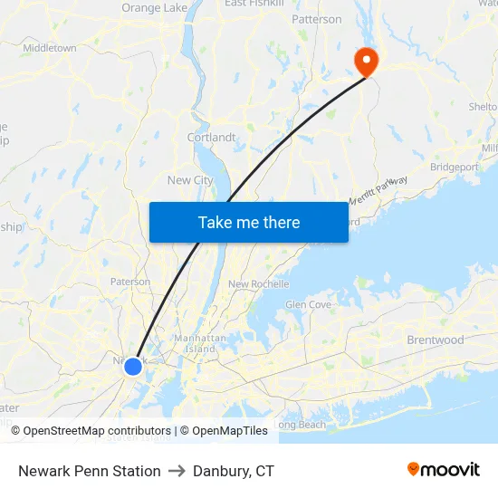 Newark Penn Station to Danbury, CT map