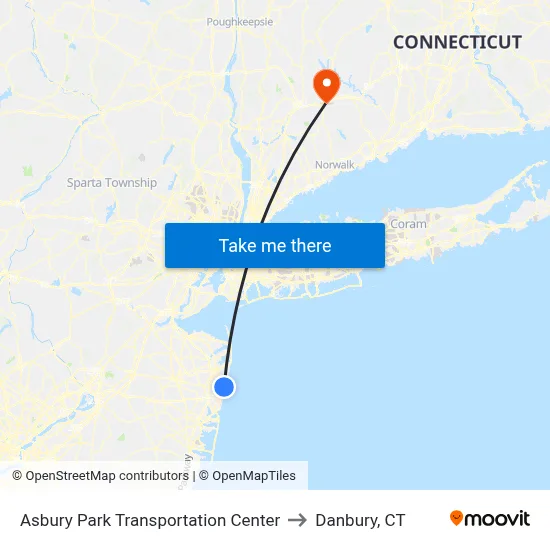 Asbury Park Transportation Center to Danbury, CT map