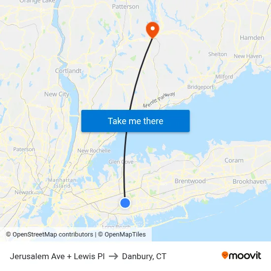 Jerusalem Ave + Lewis Pl to Danbury, CT map