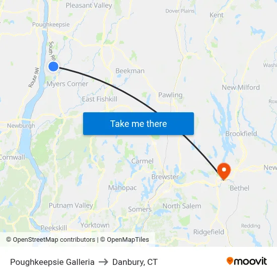Poughkeepsie Galleria to Danbury, CT map