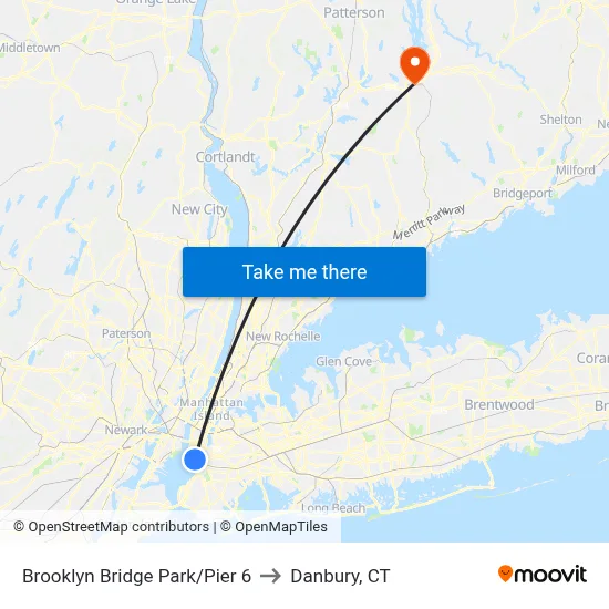 Brooklyn Bridge Park/Pier 6 to Danbury, CT map