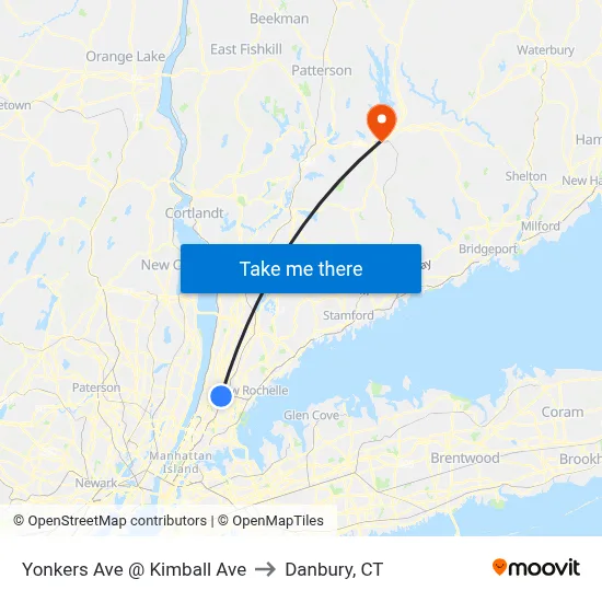 Yonkers Ave @ Kimball Ave to Danbury, CT map