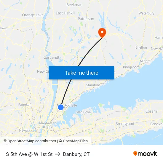 S 5th Ave @ W 1st St to Danbury, CT map