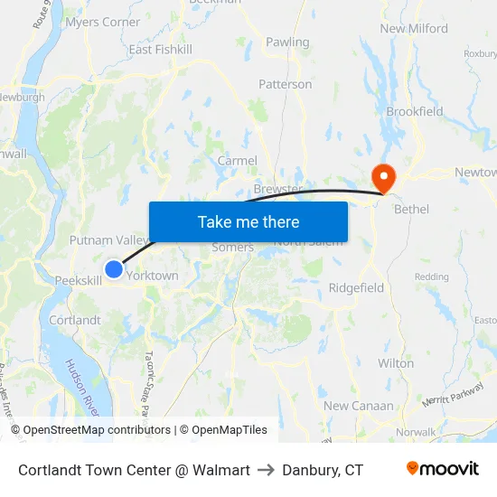 Cortlandt Town Center @ Walmart to Danbury, CT map