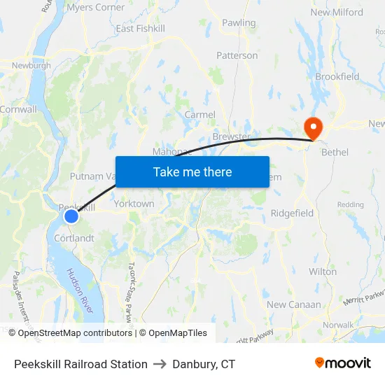 Peekskill Railroad Station to Danbury, CT map