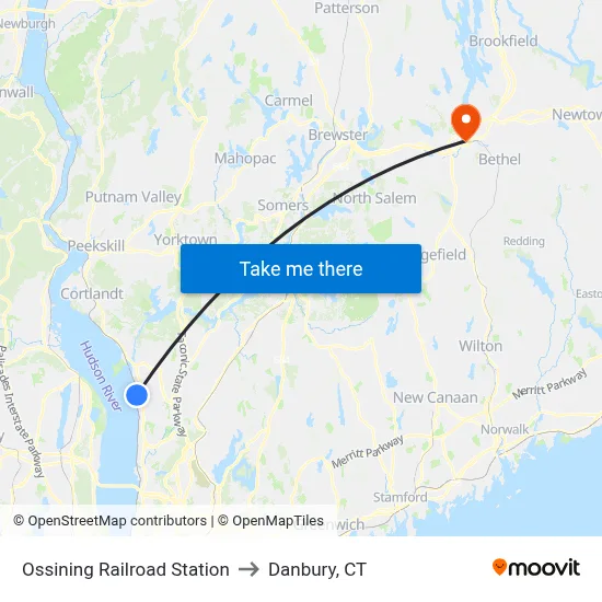 Ossining Railroad Station to Danbury, CT map