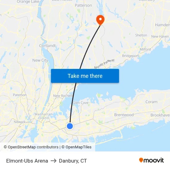 Elmont-Ubs Arena to Danbury, CT map