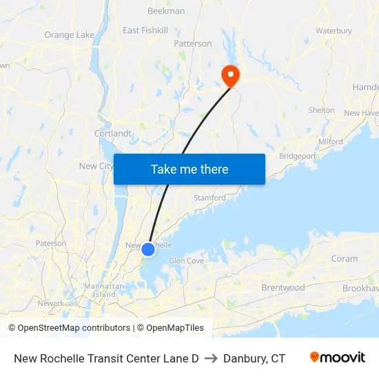 New Rochelle Transit Center Lane D to Danbury, CT map