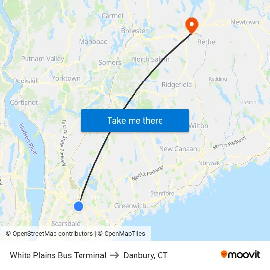 White Plains Bus Terminal to Danbury, CT map
