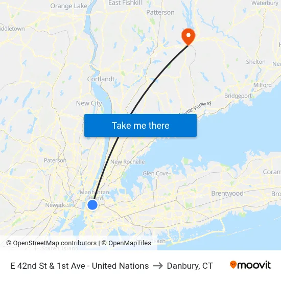 E 42nd St & 1st Ave - United Nations to Danbury, CT map
