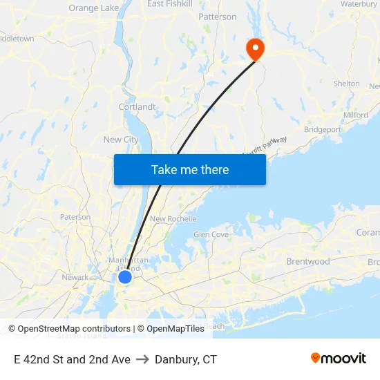 E 42nd St and 2nd Ave to Danbury, CT map