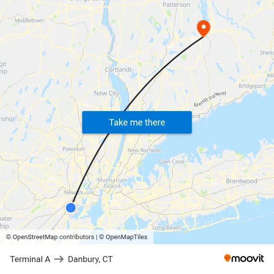 Terminal A to Danbury, CT map