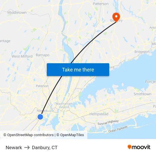 Newark to Danbury, CT map